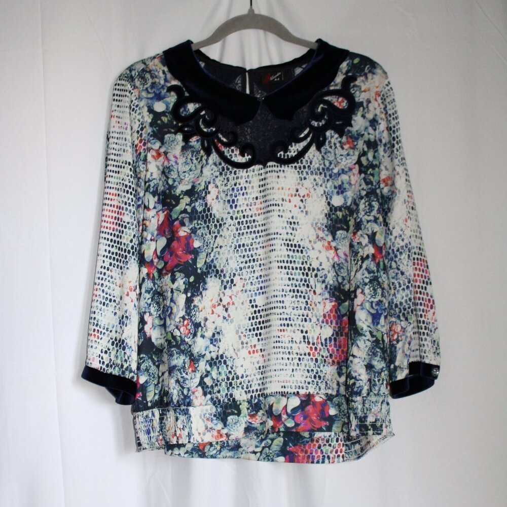 Aleksandra 100% Silk Multicolor Floral Blouse Velvet Collar and Cuffs Lace L 44